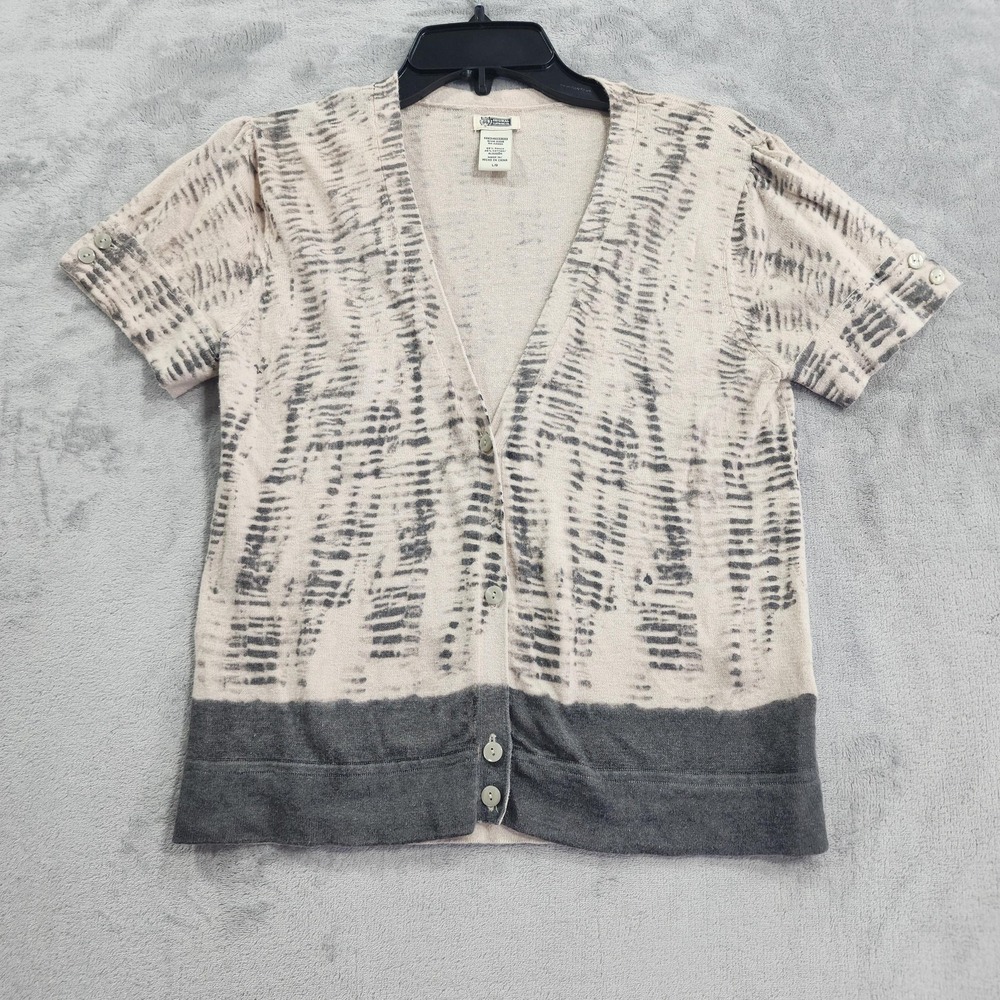 Vintage Route 66 Cardigan Sweater Womens L Beige Gray Stripe Short Sleeve Ramie